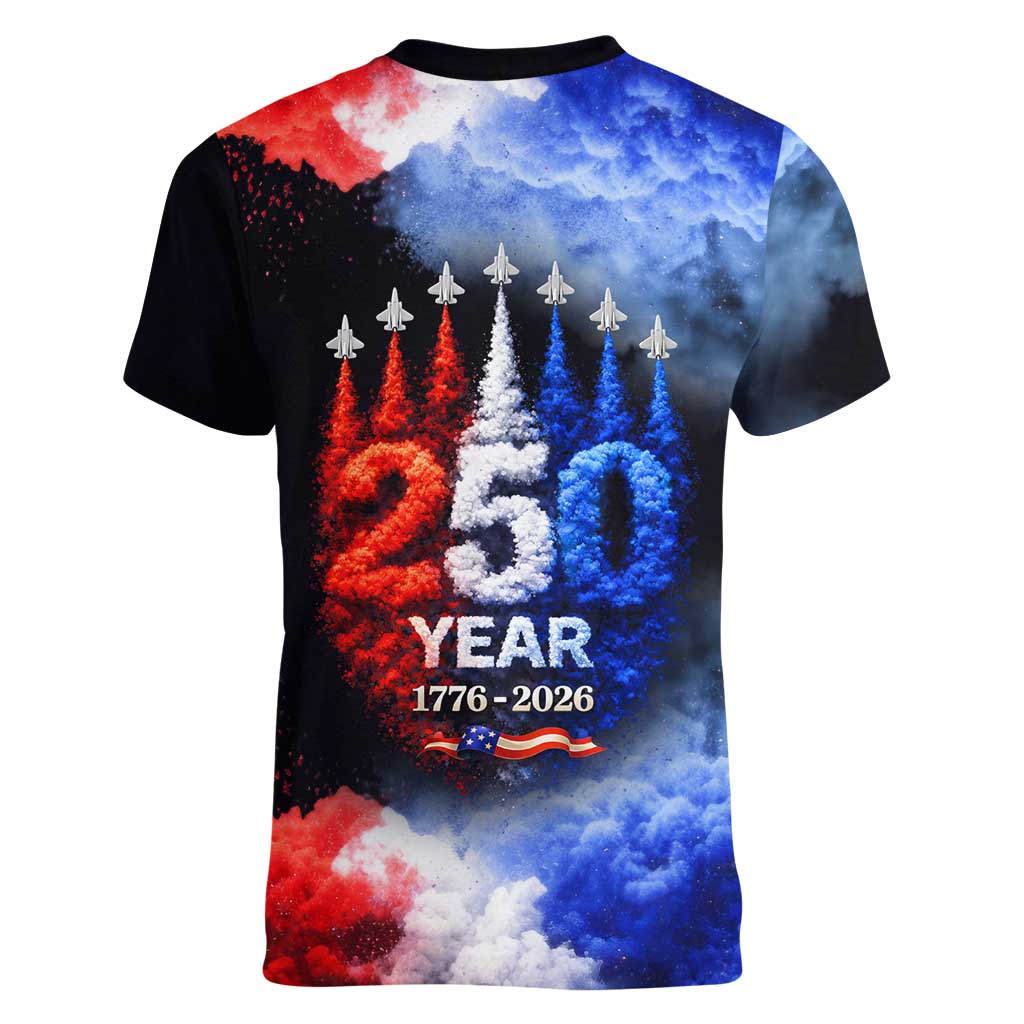 USA 250th Anniversary Celebration Women V-Neck T-Shirt Patriotic Smoke Burst Art Style