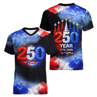 USA 250th Anniversary Celebration Women V-Neck T-Shirt Patriotic Smoke Burst Art Style