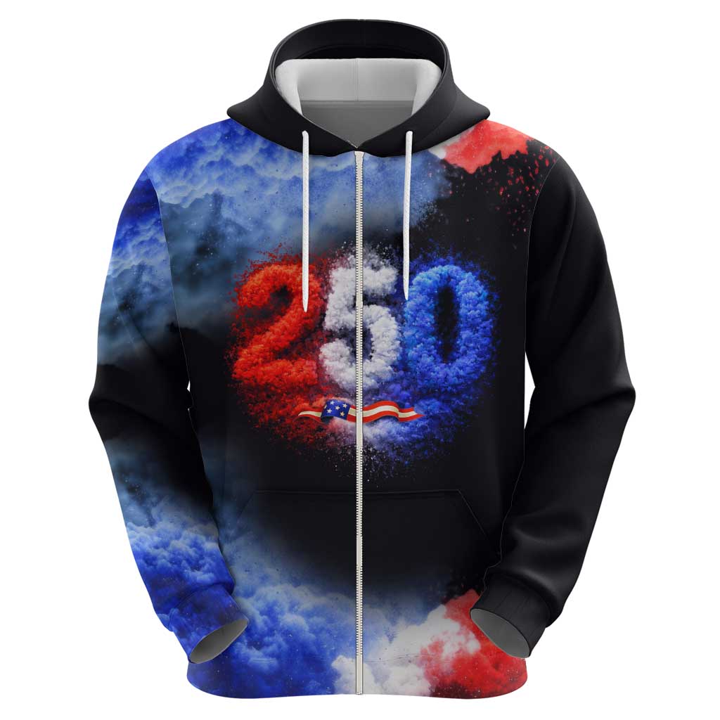 USA 250th Anniversary Celebration Zip Hoodie Patriotic Smoke Burst Art Style