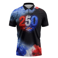 USA 250th Anniversary Celebration Zipper Polo Shirt Patriotic Smoke Burst Art Style