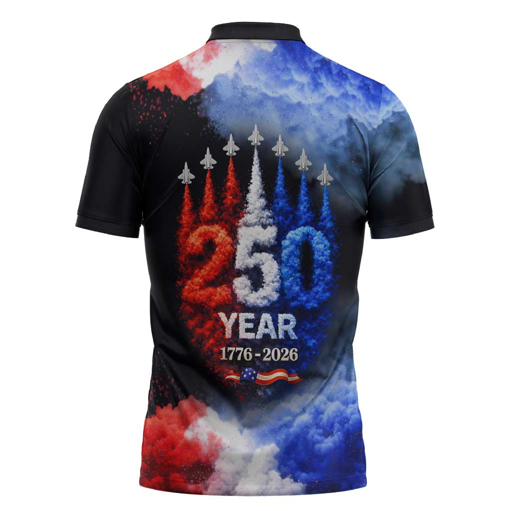 USA 250th Anniversary Celebration Zipper Polo Shirt Patriotic Smoke Burst Art Style