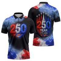 USA 250th Anniversary Celebration Zipper Polo Shirt Patriotic Smoke Burst Art Style
