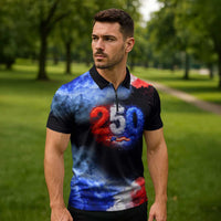 USA 250th Anniversary Celebration Zipper Polo Shirt Patriotic Smoke Burst Art Style