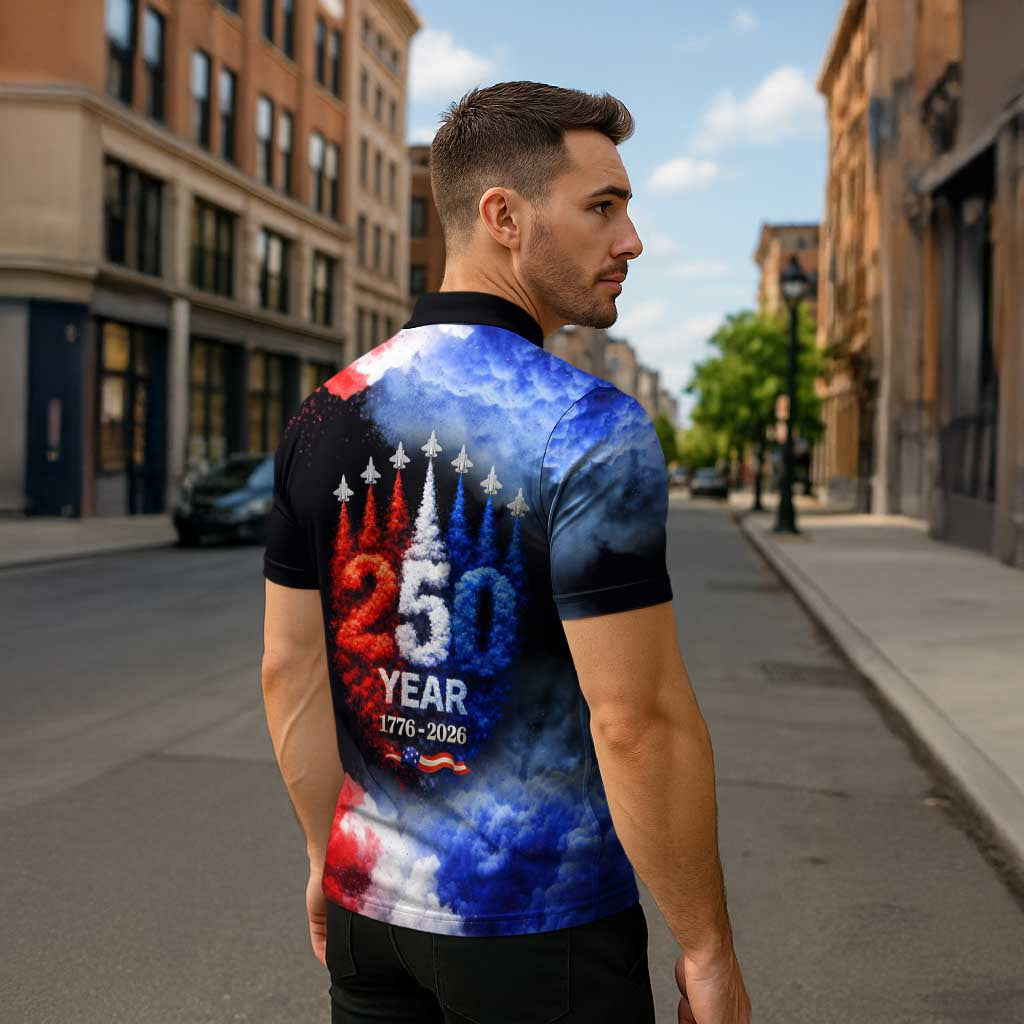 USA 250th Anniversary Celebration Zipper Polo Shirt Patriotic Smoke Burst Art Style