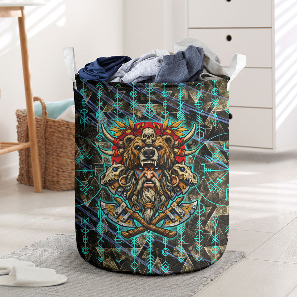 Viking Berserker Bear Warrior Laundry Basket Norse Mythology Rune Sigil Illustration