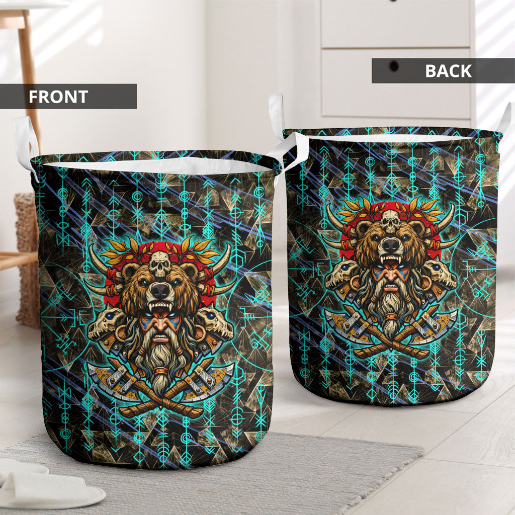 Viking Berserker Bear Warrior Laundry Basket Norse Mythology Rune Sigil Illustration