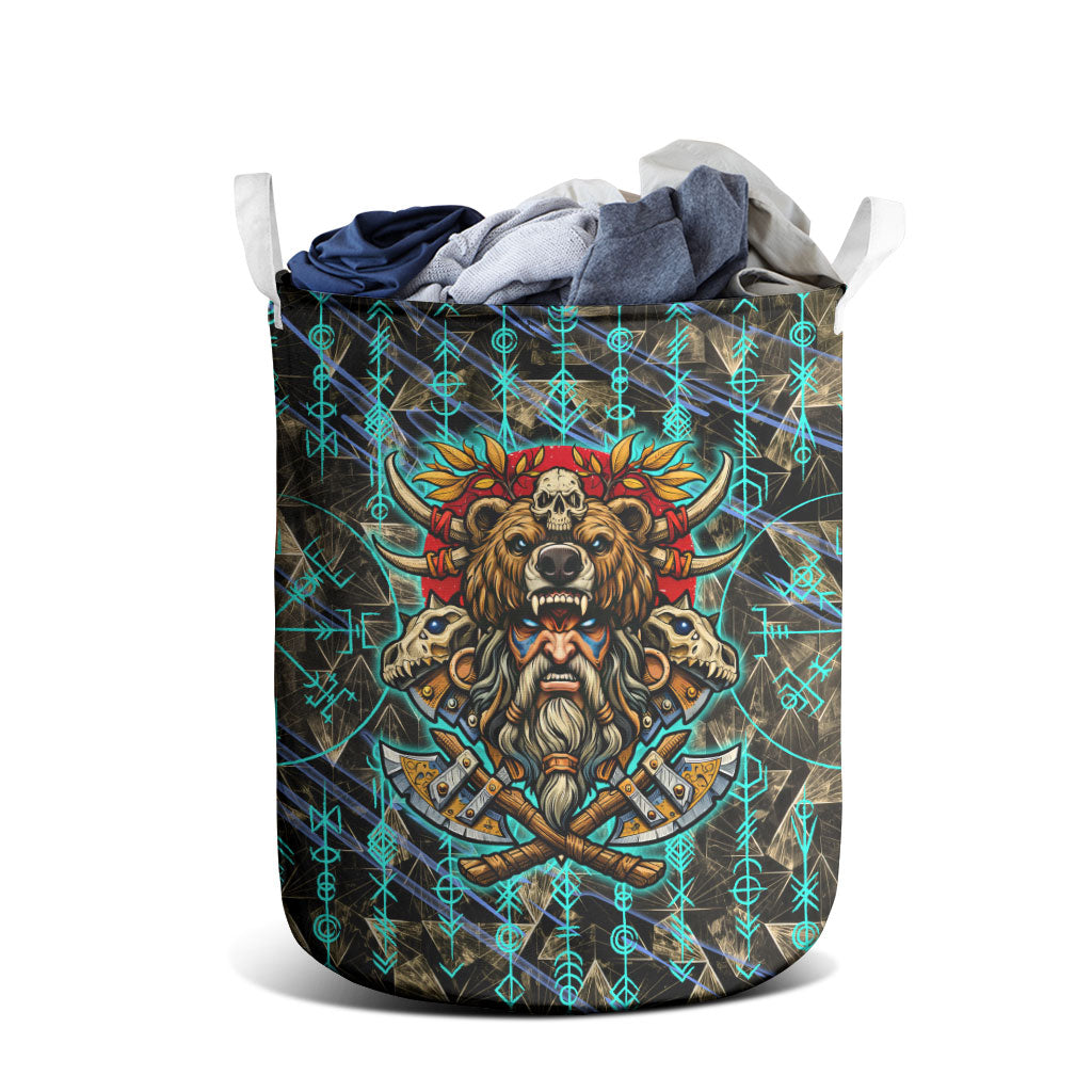Viking Berserker Bear Warrior Laundry Basket Norse Mythology Rune Sigil Illustration