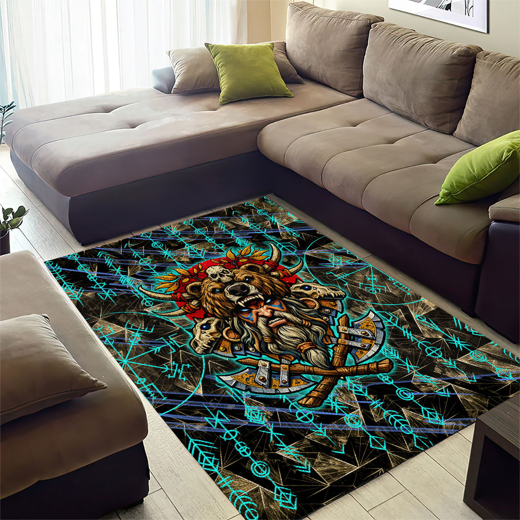 Viking Berserker Bear Warrior Area Rug Norse Mythology Rune Sigil Illustration