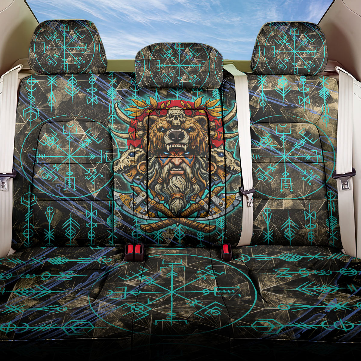Viking Berserker Bear Warrior Back Car Seat Cover Norse Mythology Rune Sigil Illustration