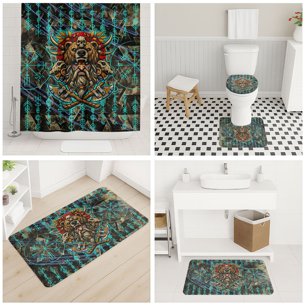 Viking Berserker Bear Warrior Bathroom Set Norse Mythology Rune Sigil Illustration