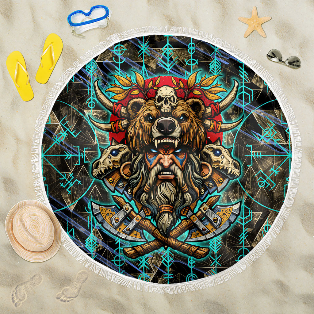 Viking Berserker Bear Warrior Beach Blanket Norse Mythology Rune Sigil Illustration