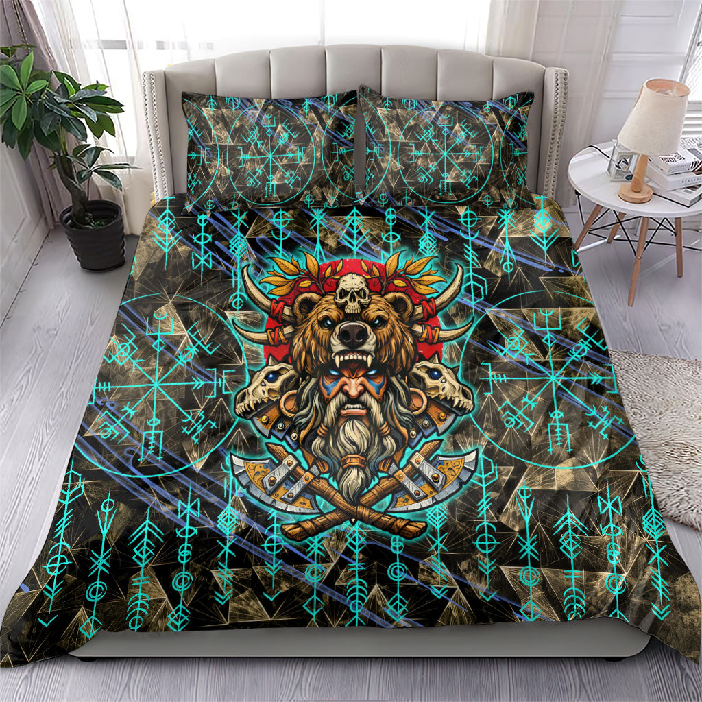 Viking Berserker Bear Warrior Bedding Set Norse Mythology Rune Sigil Illustration