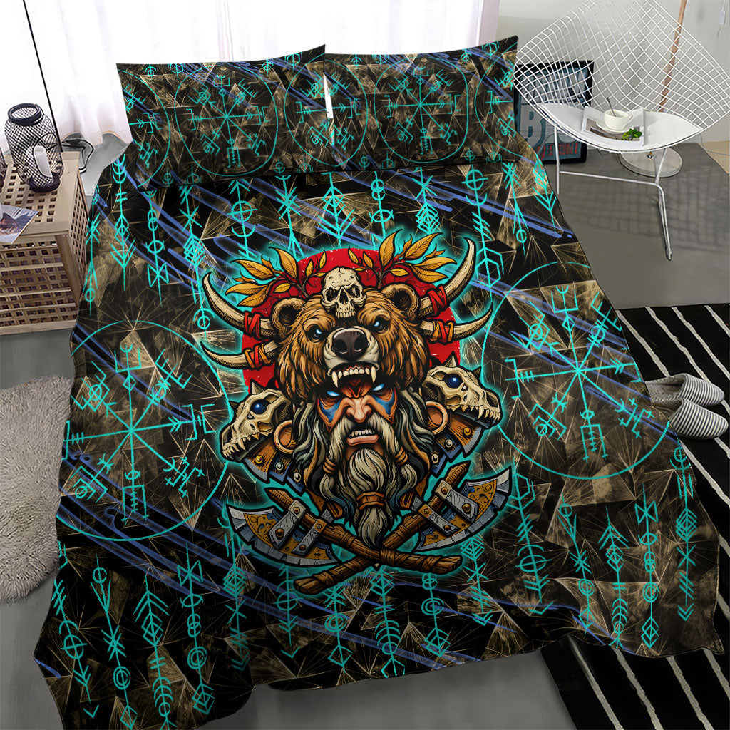 Viking Berserker Bear Warrior Bedding Set Norse Mythology Rune Sigil Illustration