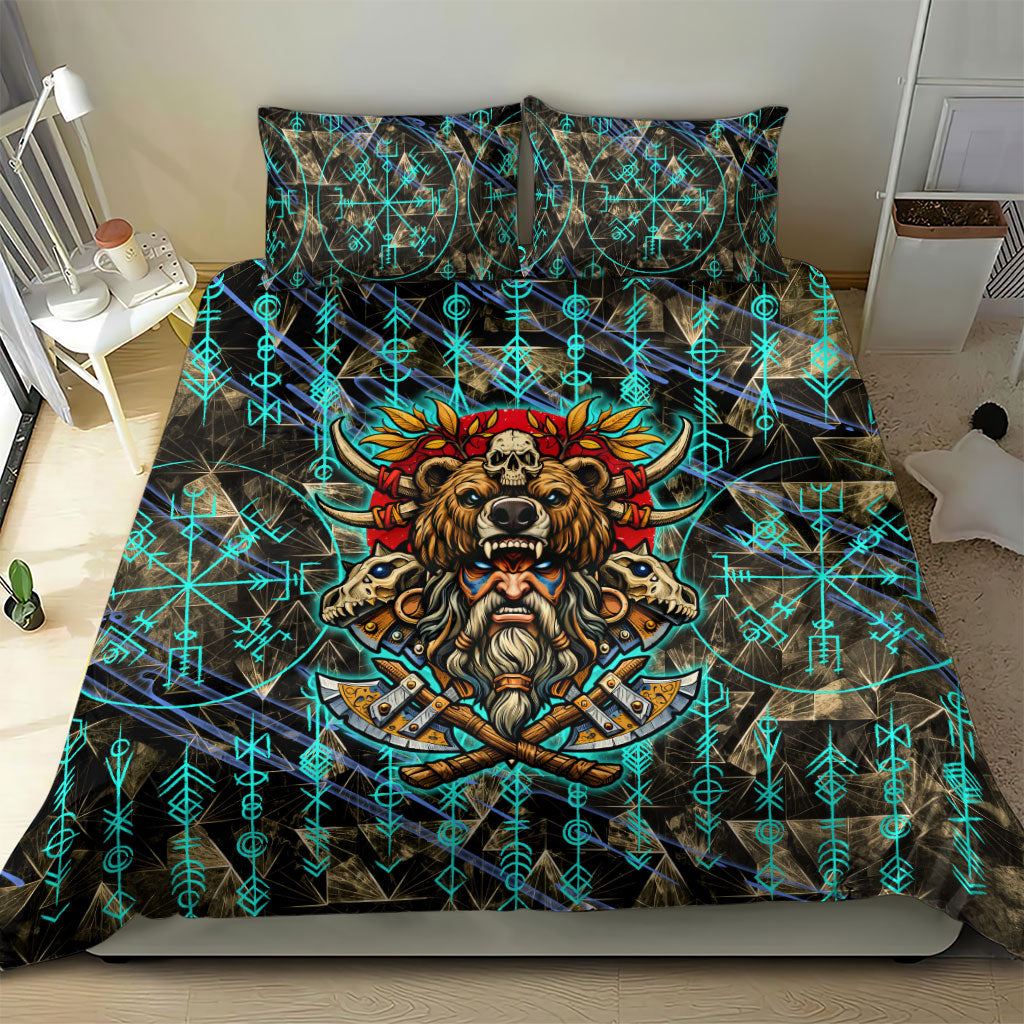 Viking Berserker Bear Warrior Bedding Set Norse Mythology Rune Sigil Illustration