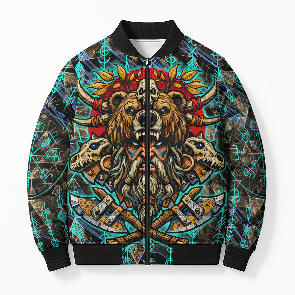 Viking Berserker Bear Warrior Bomber Puffer Jacket Norse Mythology Rune Sigil Illustration