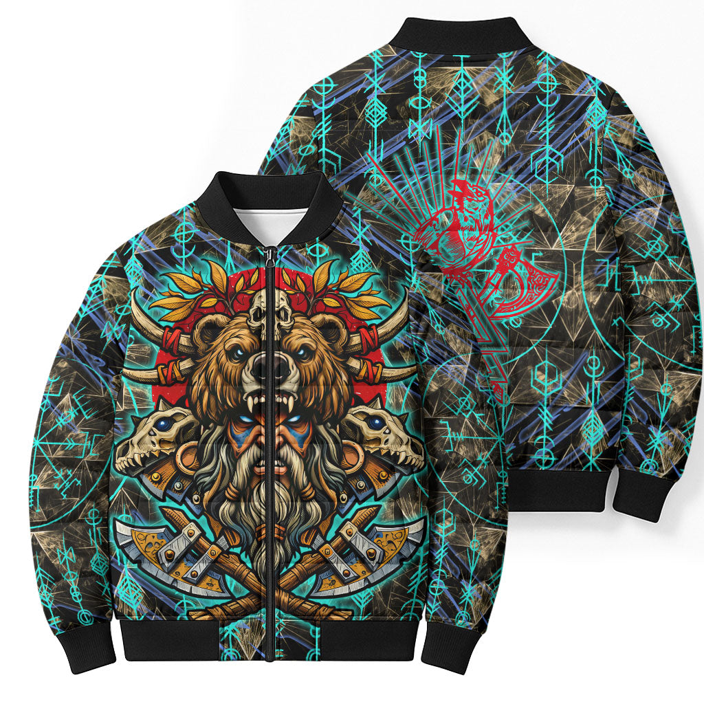 Viking Berserker Bear Warrior Bomber Puffer Jacket Norse Mythology Rune Sigil Illustration