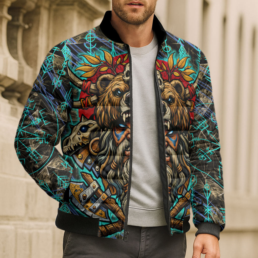 Viking Berserker Bear Warrior Bomber Puffer Jacket Norse Mythology Rune Sigil Illustration