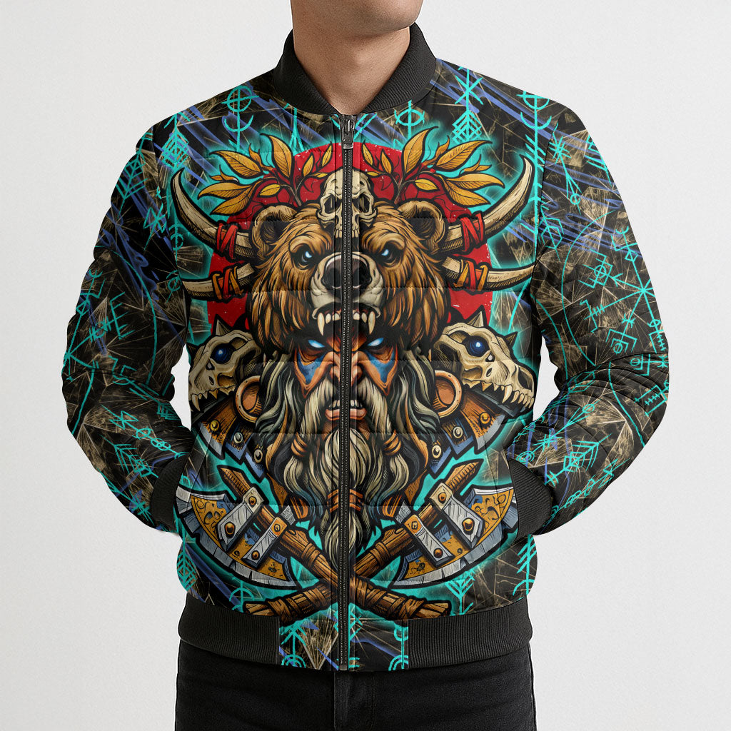 Viking Berserker Bear Warrior Bomber Puffer Jacket Norse Mythology Rune Sigil Illustration