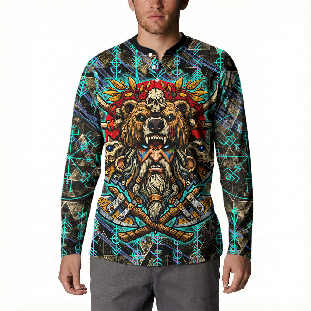 Viking Berserker Bear Warrior Button Sweatshirt Norse Mythology Rune Sigil Illustration