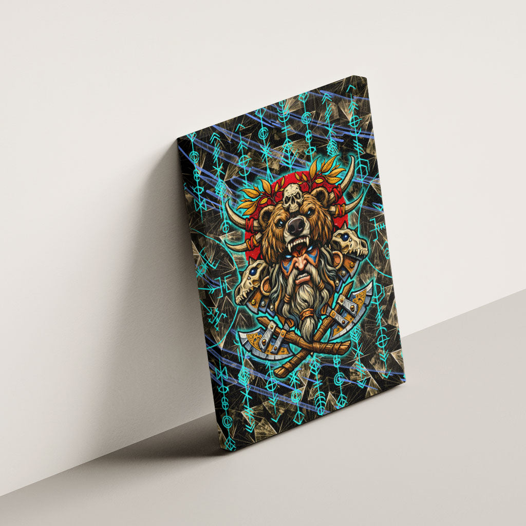 Viking Berserker Bear Warrior Canvas Wall Art Norse Mythology Rune Sigil Illustration