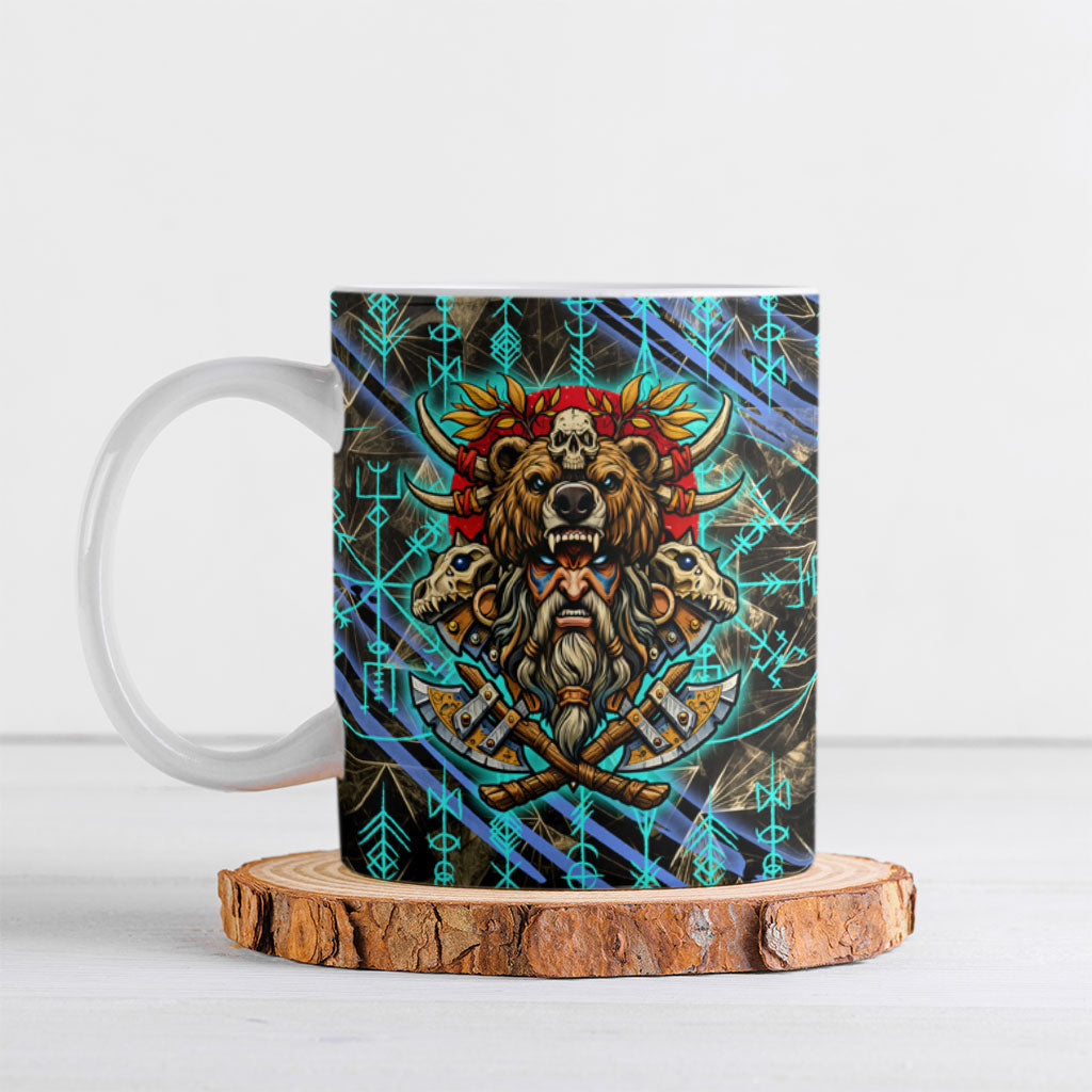 Viking Berserker Bear Warrior Ceramic Mug Norse Mythology Rune Sigil Illustration