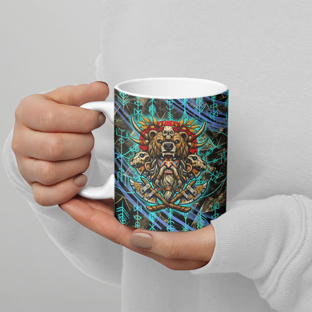 Viking Berserker Bear Warrior Ceramic Mug Norse Mythology Rune Sigil Illustration