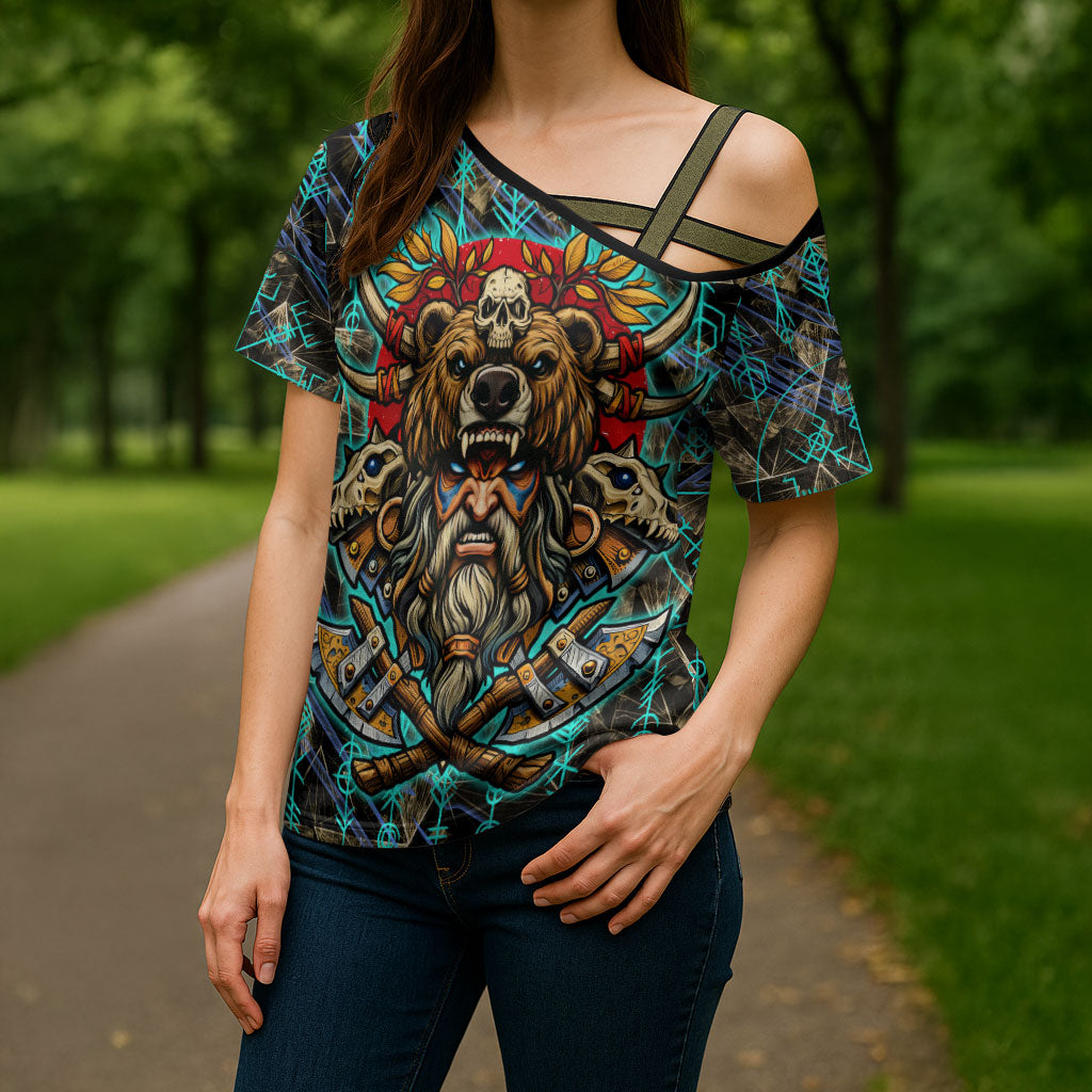 Viking Berserker Bear Warrior Cross Shoulder Shirt Norse Mythology Rune Sigil Illustration