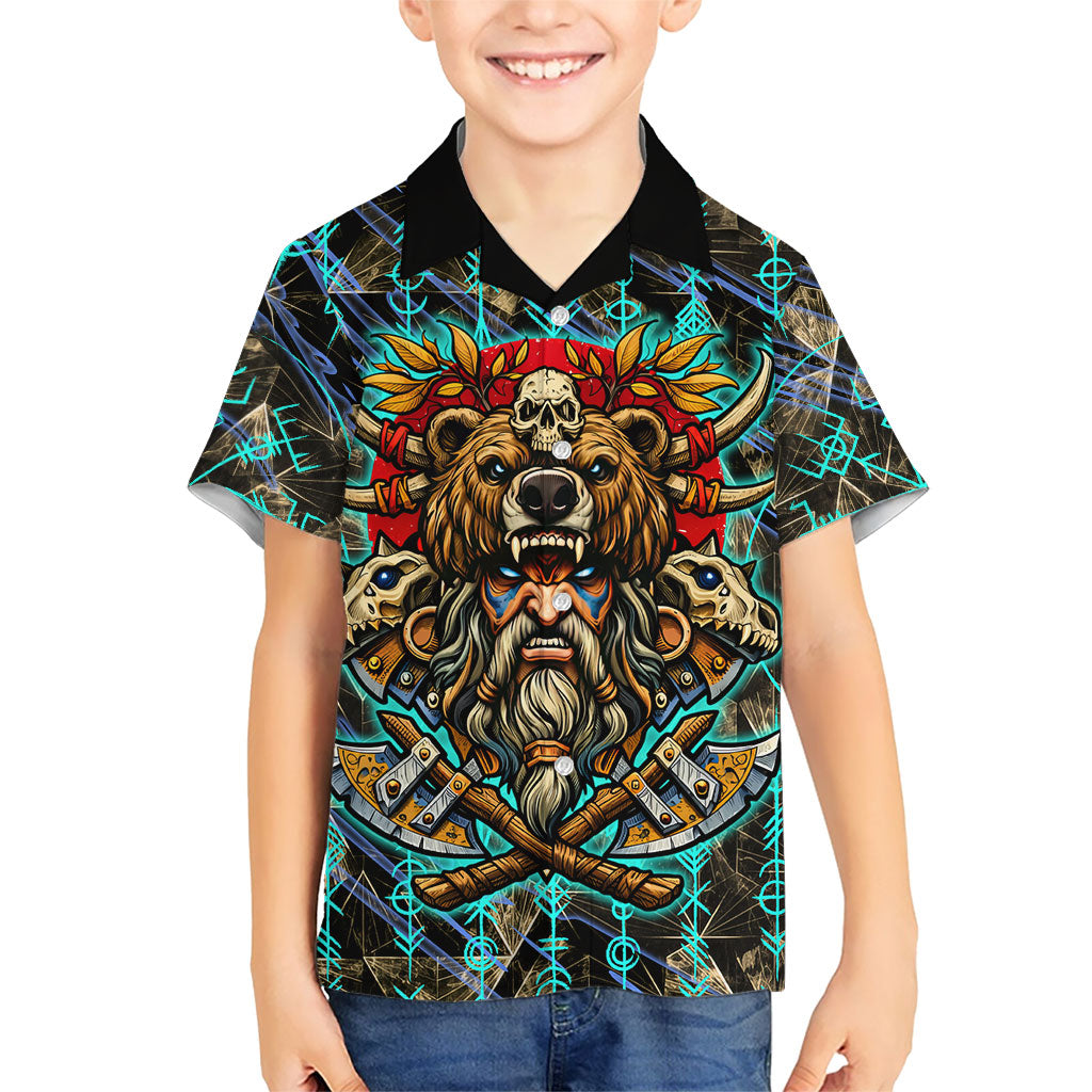 Viking Berserker Bear Warrior Kid Hawaiian Shirt Norse Mythology Rune Sigil Illustration