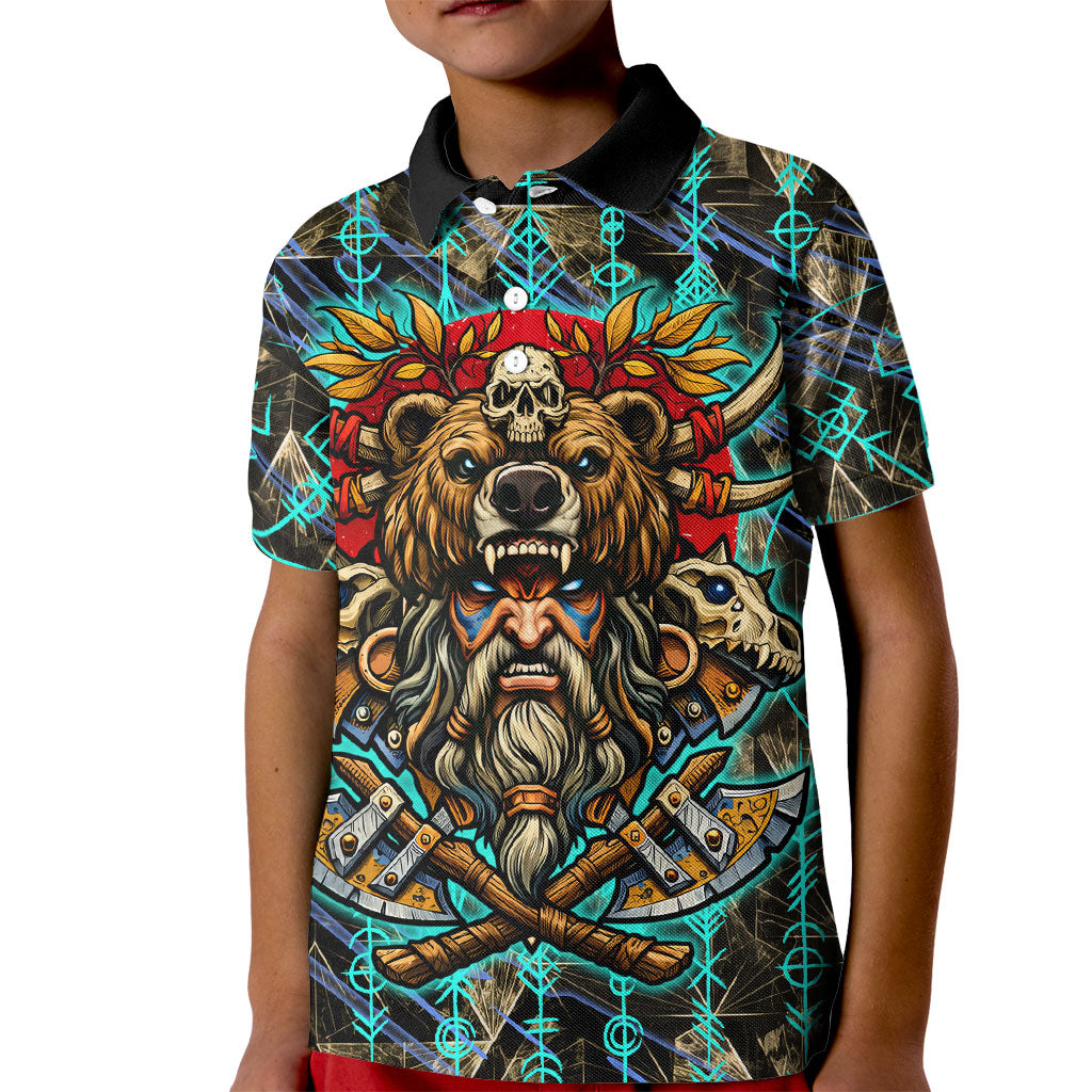 Viking Berserker Bear Warrior Kid Polo Shirt Norse Mythology Rune Sigil Illustration