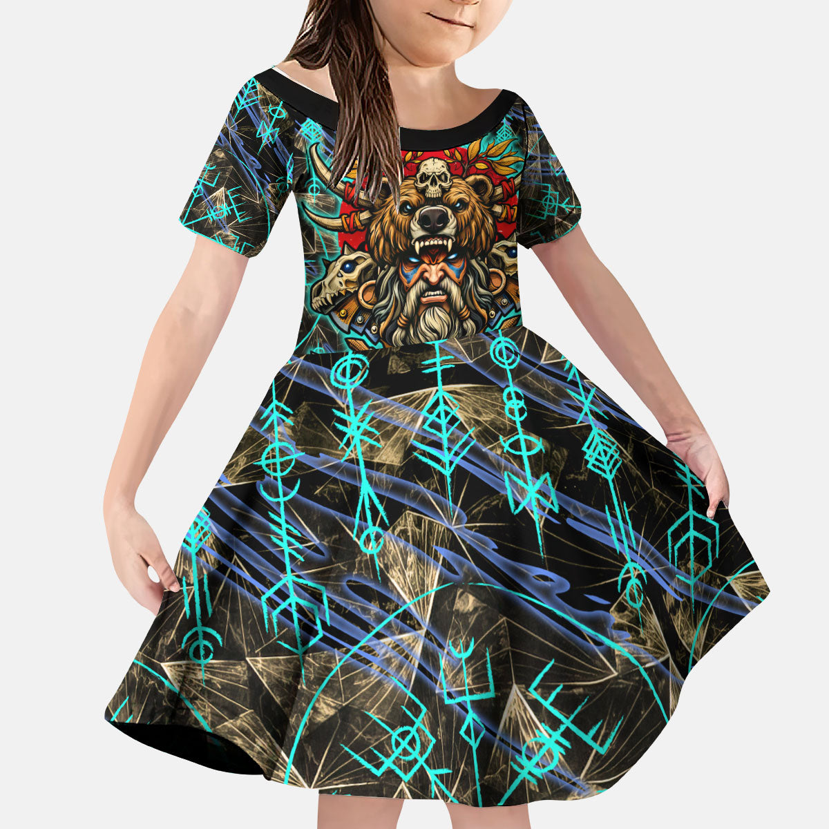 Viking Berserker Bear Warrior Kid Short Sleeve Dress Norse Mythology Rune Sigil Illustration