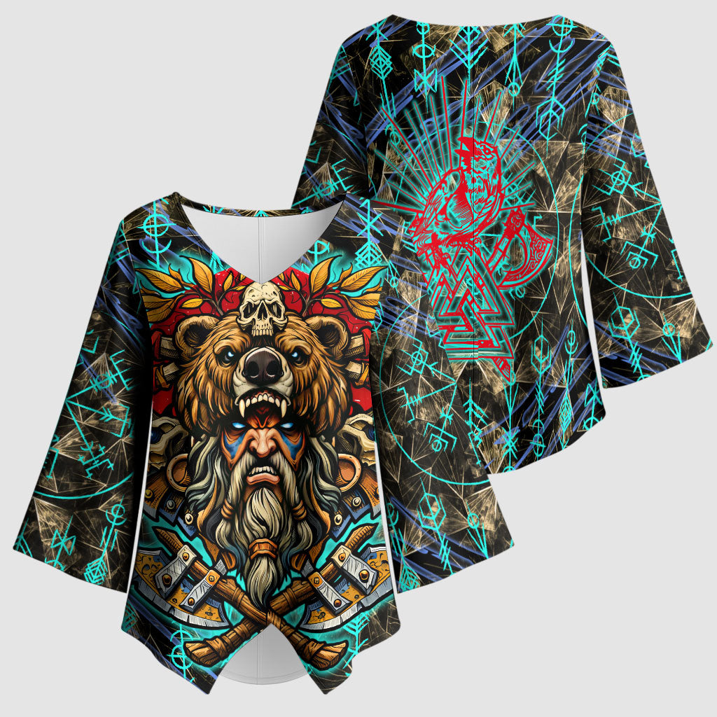 Viking Berserker Bear Warrior Kimono Sleeve Blouse Norse Mythology Rune Sigil Illustration