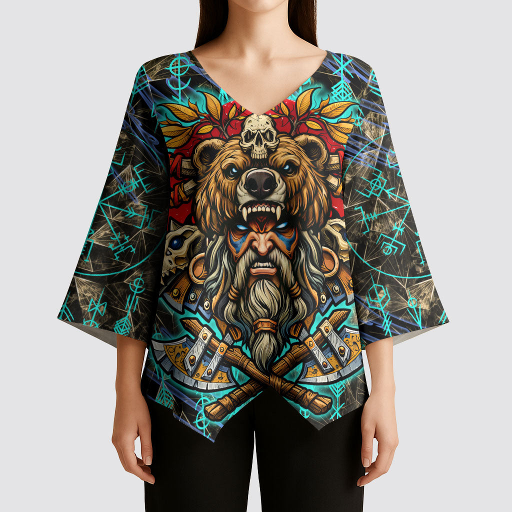 Viking Berserker Bear Warrior Kimono Sleeve Blouse Norse Mythology Rune Sigil Illustration