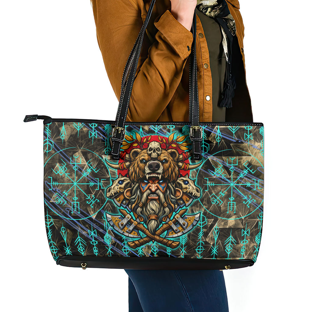 Viking Berserker Bear Warrior Leather Tote Bag Norse Mythology Rune Sigil Illustration