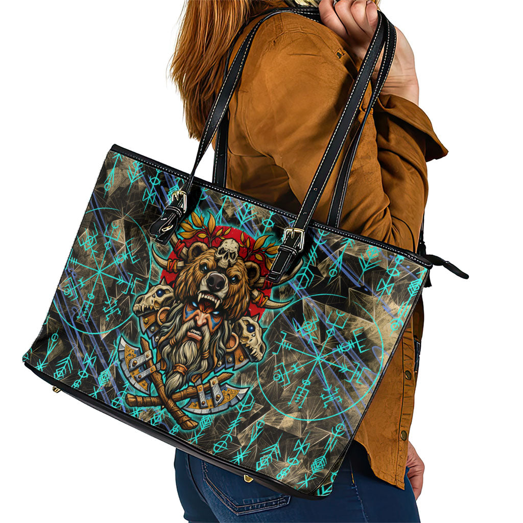 Viking Berserker Bear Warrior Leather Tote Bag Norse Mythology Rune Sigil Illustration