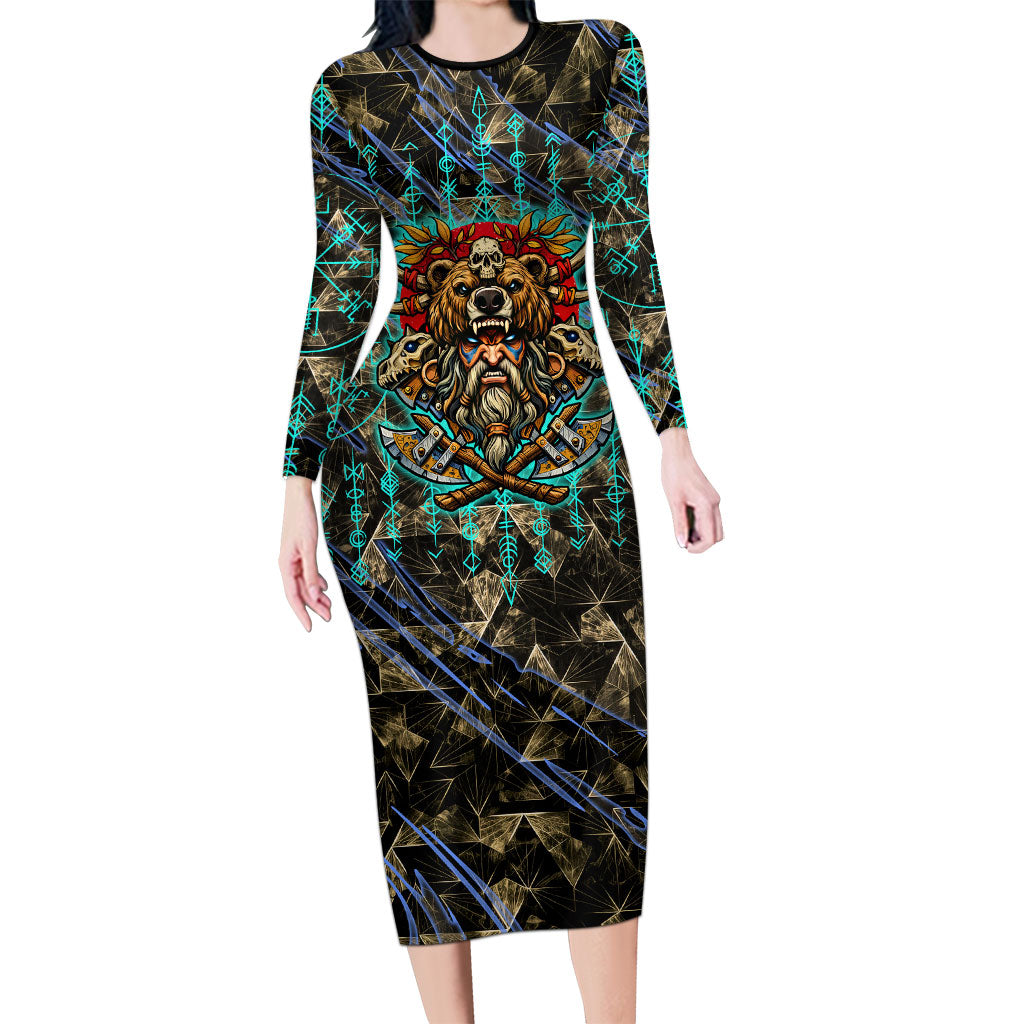 Viking Berserker Bear Warrior Long Sleeve Bodycon Dress Norse Mythology Rune Sigil Illustration