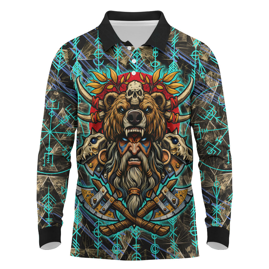 Viking Berserker Bear Warrior Long Sleeve Polo Shirt Norse Mythology Rune Sigil Illustration