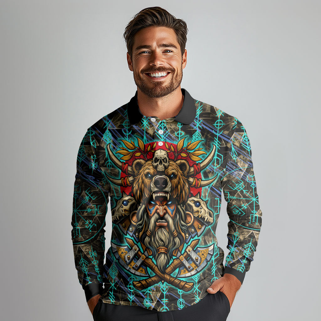 Viking Berserker Bear Warrior Long Sleeve Polo Shirt Norse Mythology Rune Sigil Illustration
