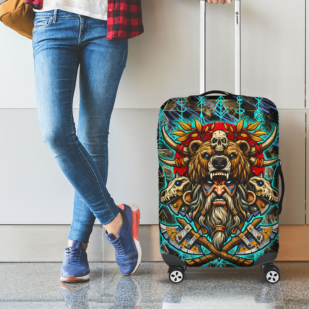 Viking Berserker Bear Warrior Luggage Cover Norse Mythology Rune Sigil Illustration