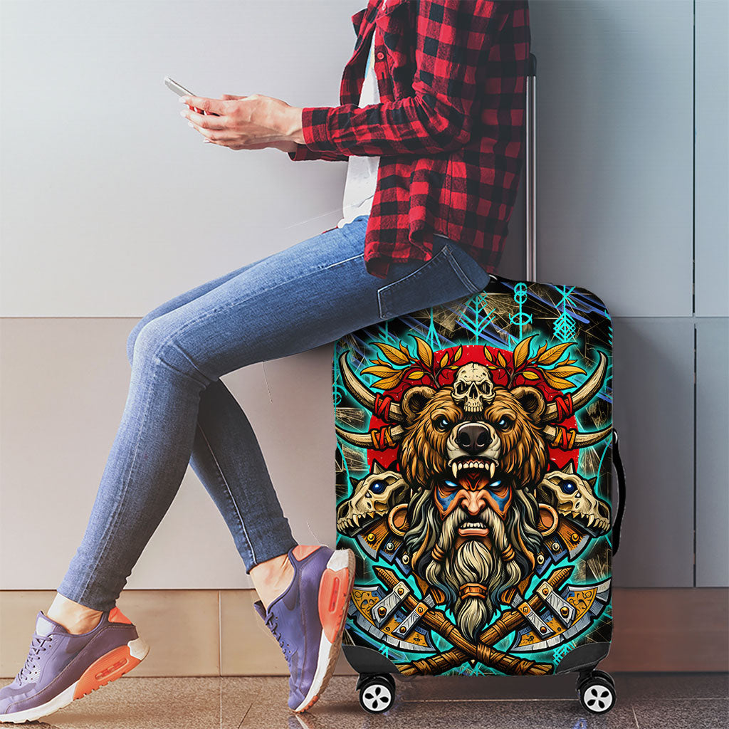 Viking Berserker Bear Warrior Luggage Cover Norse Mythology Rune Sigil Illustration