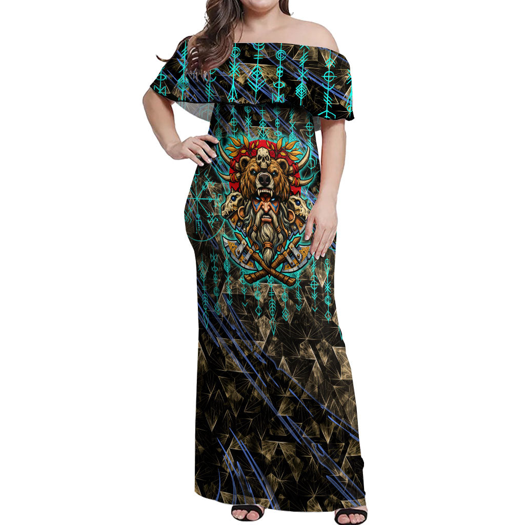 Viking Berserker Bear Warrior Off Shoulder Maxi Dress Norse Mythology Rune Sigil Illustration