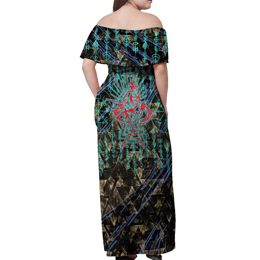 Viking Berserker Bear Warrior Off Shoulder Maxi Dress Norse Mythology Rune Sigil Illustration