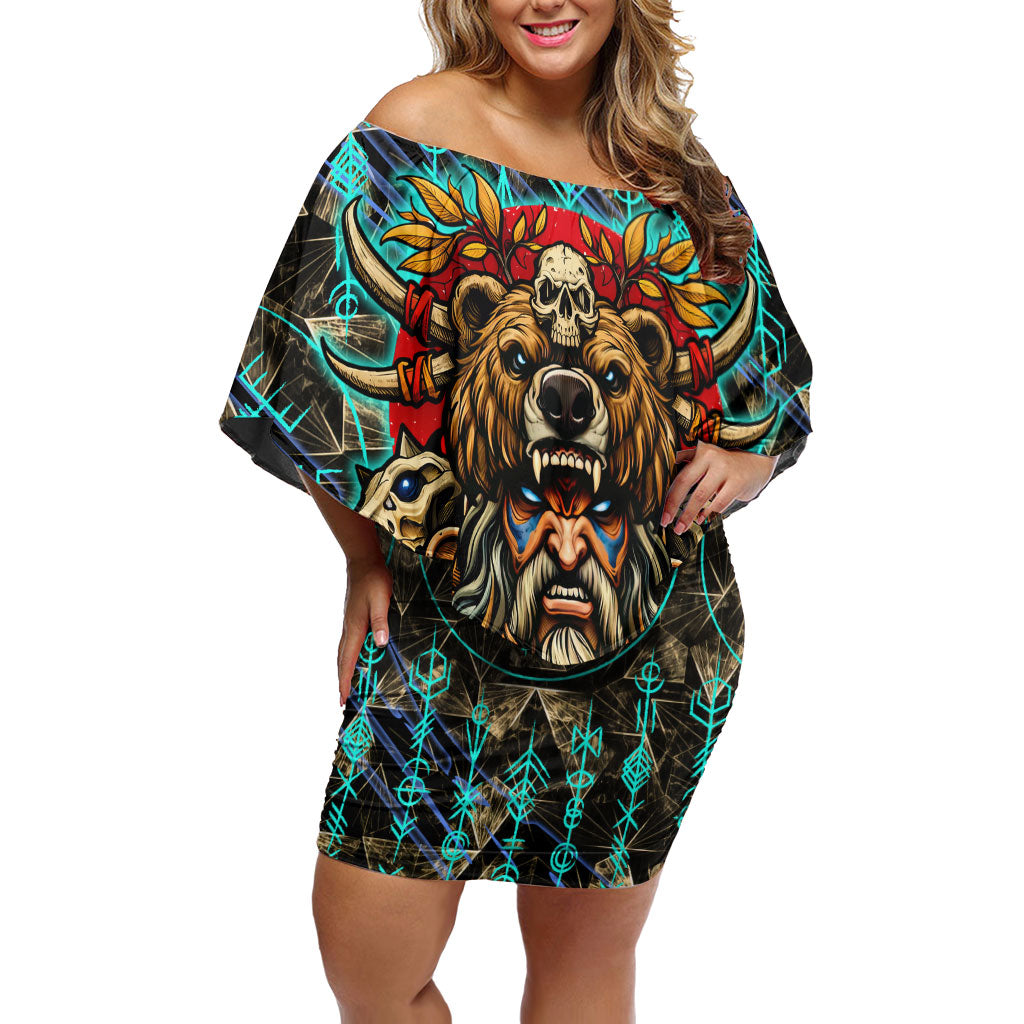 Viking Berserker Bear Warrior Off Shoulder Short Dress Norse Mythology Rune Sigil Illustration