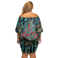 Viking Berserker Bear Warrior Off Shoulder Short Dress Norse Mythology Rune Sigil Illustration