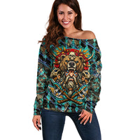 Viking Berserker Bear Warrior Off Shoulder Sweater Norse Mythology Rune Sigil Illustration