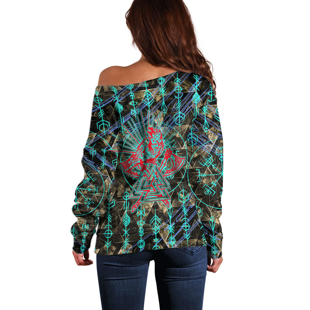Viking Berserker Bear Warrior Off Shoulder Sweater Norse Mythology Rune Sigil Illustration