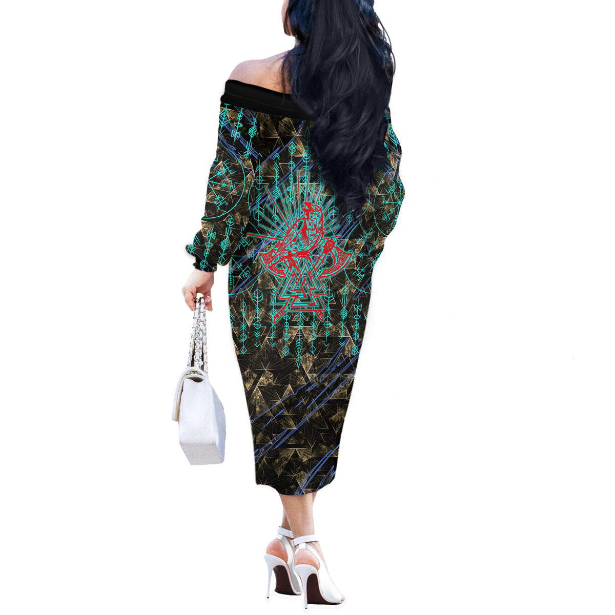 Viking Berserker Bear Warrior Off The Shoulder Long Sleeve Dress Norse Mythology Rune Sigil Illustration