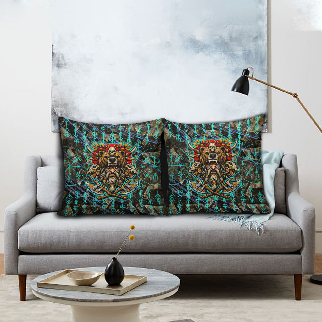 Viking Berserker Bear Warrior Pillow Cover Norse Mythology Rune Sigil Illustration