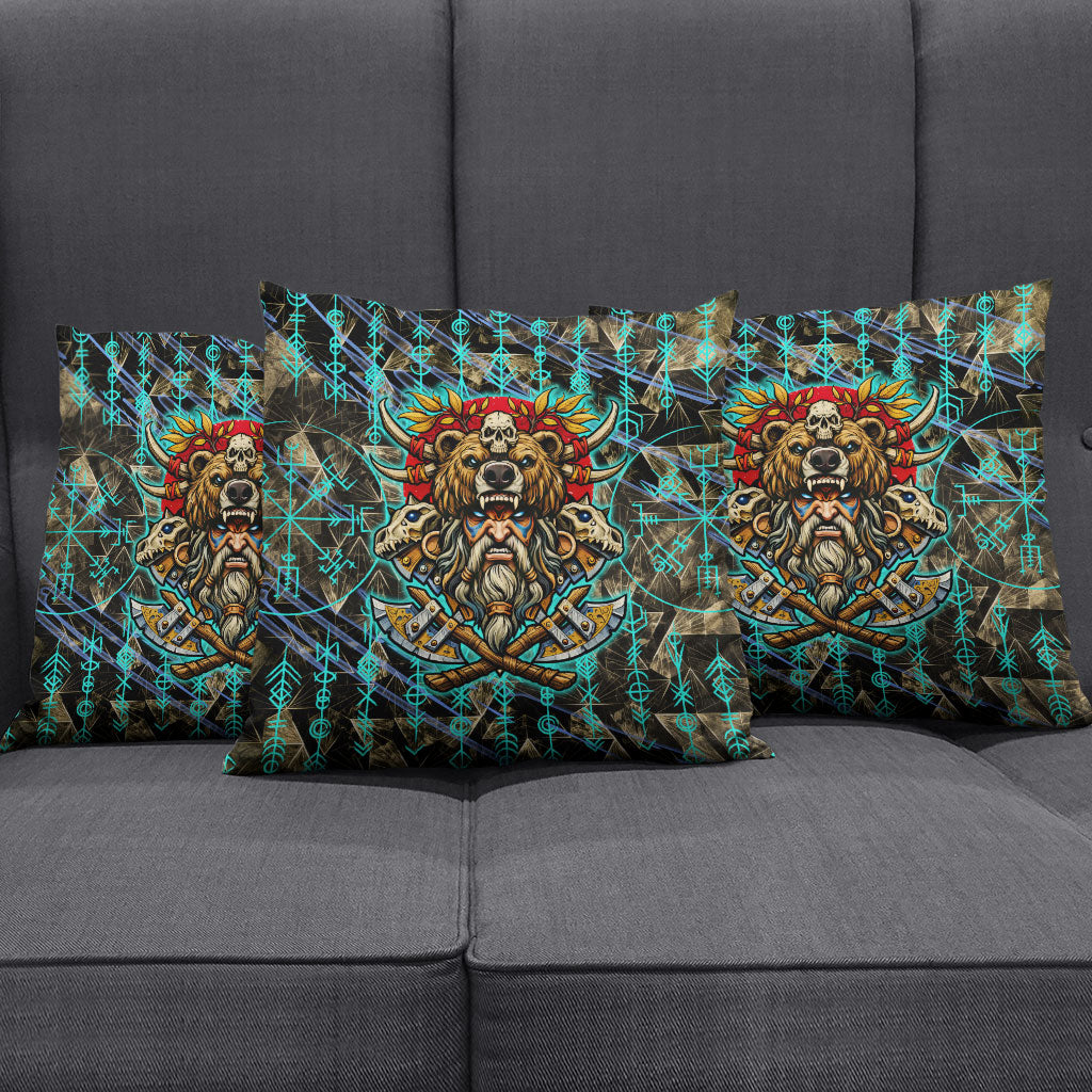 Viking Berserker Bear Warrior Pillow Cover Norse Mythology Rune Sigil Illustration