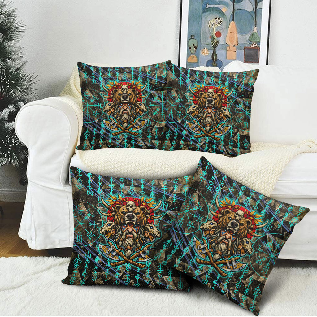Viking Berserker Bear Warrior Pillow Cover Norse Mythology Rune Sigil Illustration