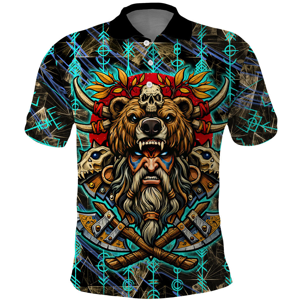 Viking Berserker Bear Warrior Polo Shirt Norse Mythology Rune Sigil Illustration